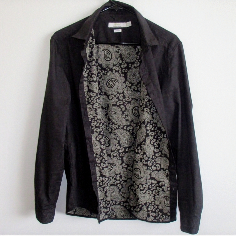 Topman Slim Fit Shirt Black Button Down Long Sleeve Contrast Cuffs Size Medium